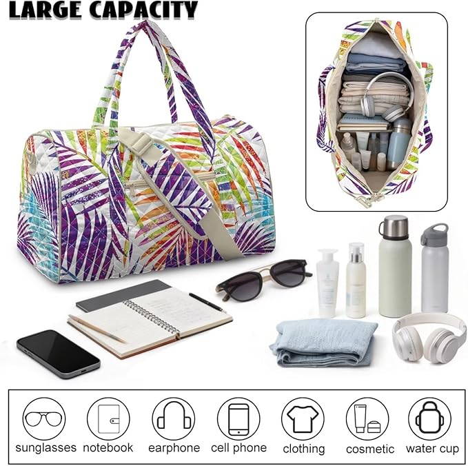 COEQINE Colorful Tropical Leaf Purses for Men Travel Quilted Duffle Print Travel Gym Bag Large Packable Travel Bag