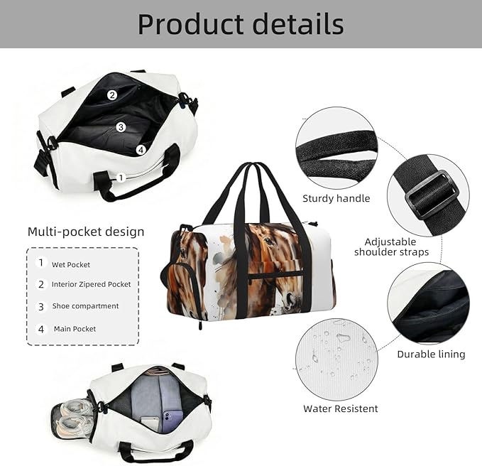 Sports Gym Bag Watercolor Horse Art Painting Travel Duffel Bag With Shoe Compartment Shoulder Strap, Lightweight Water-Resistant Weekend Overnight Totes For Women Men
