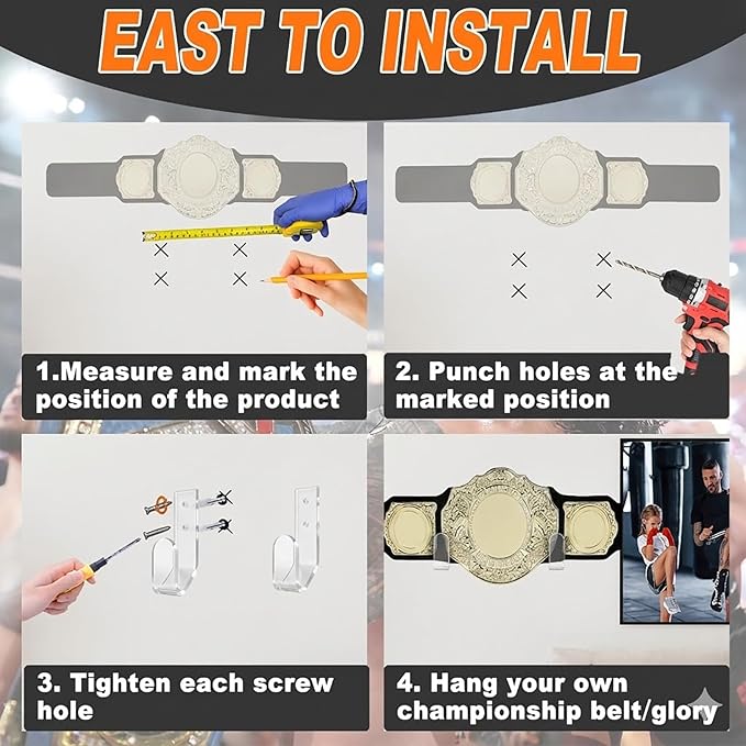 Wrestling Championship Belt Wall Mount Display Case, Perfect WWE Belt Hanger for Adults & Kids, Durable & Easy to Install Title Belts Organizer Holder for Wall