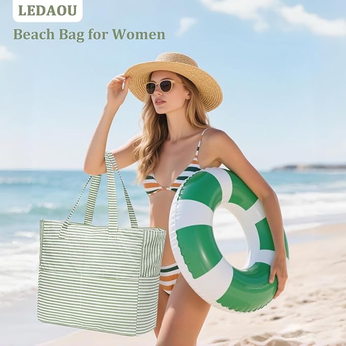 LEDAOU Large Beach Bag Women Waterproof Sandproof Zipper Beach Tote Pool Bag for Swim Gym Grocery Travel with Wet Pocket | Waterproof, Sandproof, Zipper, Pool, Gym, Grocery
