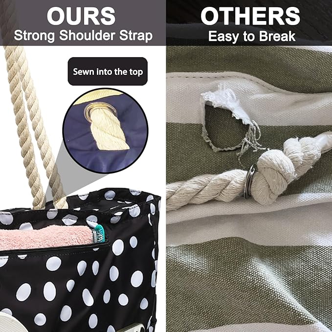 Large Canvas Beach Bag for Women, Beach Bags Waterproof Sandproof with Zipper & Wet Bag Cruise Essentials