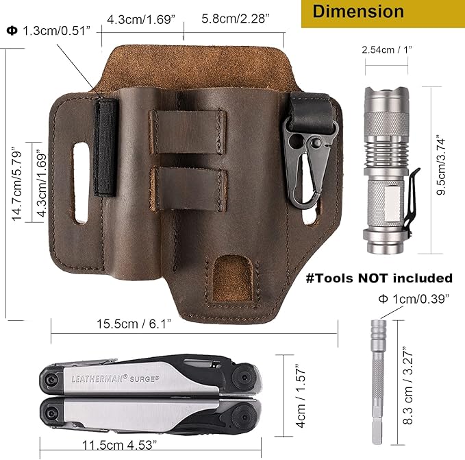 Gentlestache Multitool Leather Sheath for Belt, EDC Organizer, Multitool Pouch,Leather EDC Sheath with Elastic Band Pen Holder, Flashlight Holder and Keychain Clip, Practical Belt Pouch for EDC Gears