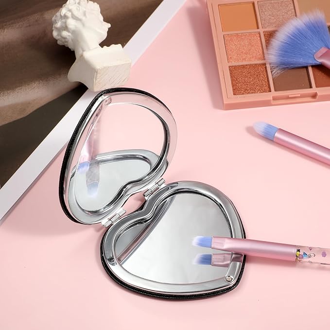Compact Folding Heart Shaped Double-Sided 1X/2X Magnifying Mini Glitter Makeup Mirror with PU Leather for Women Home, Office and Travel (Silver)