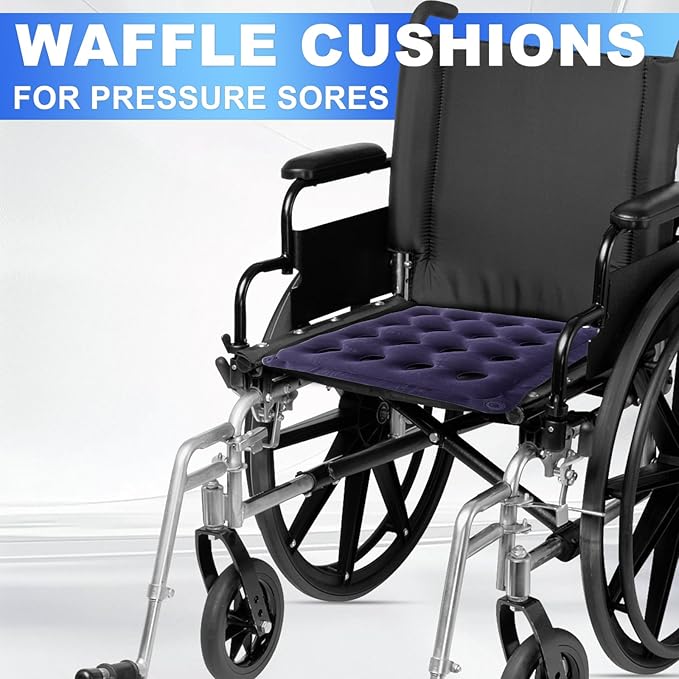 2-Pack Waffle Inflatable Seat Cushions with Pump, 18 Inch Beige 16-Hole Air Cushion for Pressure Relief, Wheelchair, Office Chair, Car Seat & Travel (Navy Blue)