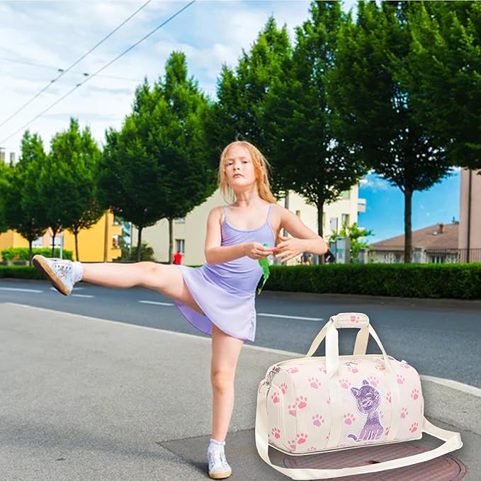 Dance Bag for Girls Sports Duffle Gym Ballet Weekender Overnight Bags with Separate Dry Wet Pocket and Shoes Compartment for Teen Girls Corduroy Sequined Cat（Cat Beige）
