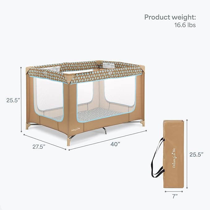 Dream On Me Zodiak Baby Playard, Breathable Mesh Sides, Soft Comfortable Mattress, Quick & Easy to Fold with Travel Carry Bag, Compact Space Saving Design - Coffee/Blue