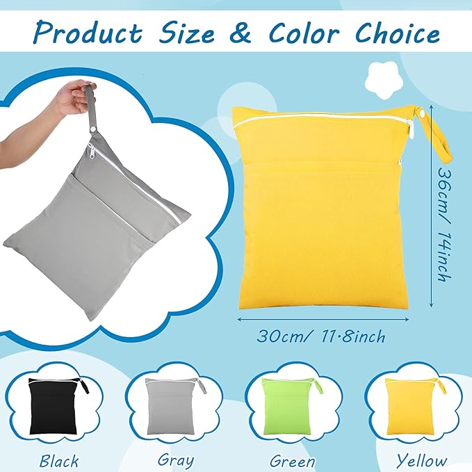 Shappy 4 Pcs Wet Dry Bag for Baby Cloth Diapers Waterproof Wet Bag Washable Travel Reusable with 2 Pocket for Swimsuits for Yoga Gym Travel Beach Pool(Gray, Green, Black, Yellow)