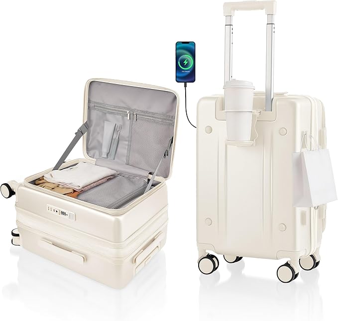 Expandable 20Inch Carry On Luggage Airline Approved - Top Opening Hardside Travel Suitcase Unbreakable -with Cup Holder,USB Charge,Side Pothook, 360°Spinner Wheels, TSA Lock-White