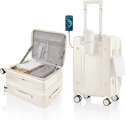 Expandable 20Inch Carry On Luggage Airline Approved - Top Opening Hardside Travel Suitcase Unbreakable -with Cup Holder,USB Charge,Side Pothook, 360°Spinner Wheels, TSA Lock-White
