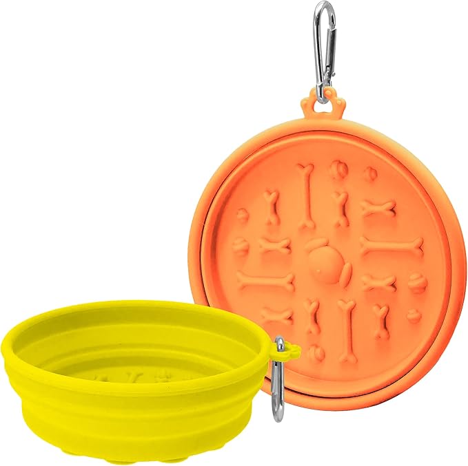 PawSailor 2-Pack Collapsible Dog Bowls with Suction Cups & Scraper - 16oz Travel Pet Bowls for Food/Water, Non-Slip Feeding Dish for Dogs, Includes Carabiner Clip Orange&Yellow