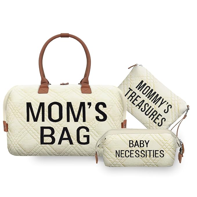 printe Diaper Bag Tote with 2 Organizers, Large Mommy Bag for Hospital & Travel Baby Diaper for Baby Care (Quilted Embroidery-Beige)