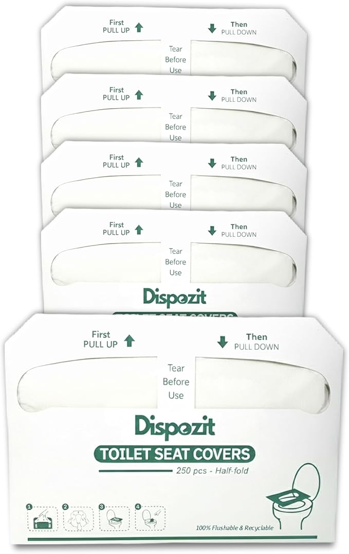 1250 Pcs Disposable Flushable Toilet Seat Covers (5 Packs of 250 Pcs) | 100% Biodegradable Commercial Toilet Seat Covers | Half-Fold Wall Dispenser Compatible | DISPOZIT Safe Liners