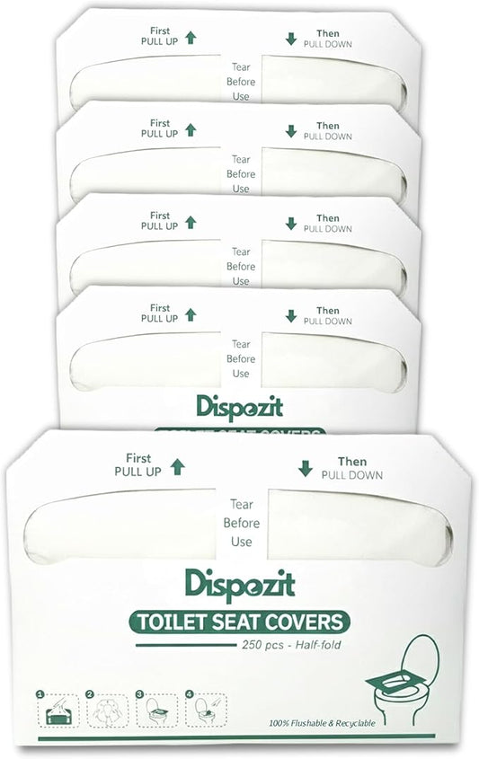 1250 Pcs Disposable Flushable Toilet Seat Covers (5 Packs of 250 Pcs) | 100% Biodegradable Commercial Toilet Seat Covers | Half-Fold Wall Dispenser Compatible | DISPOZIT Safe Liners