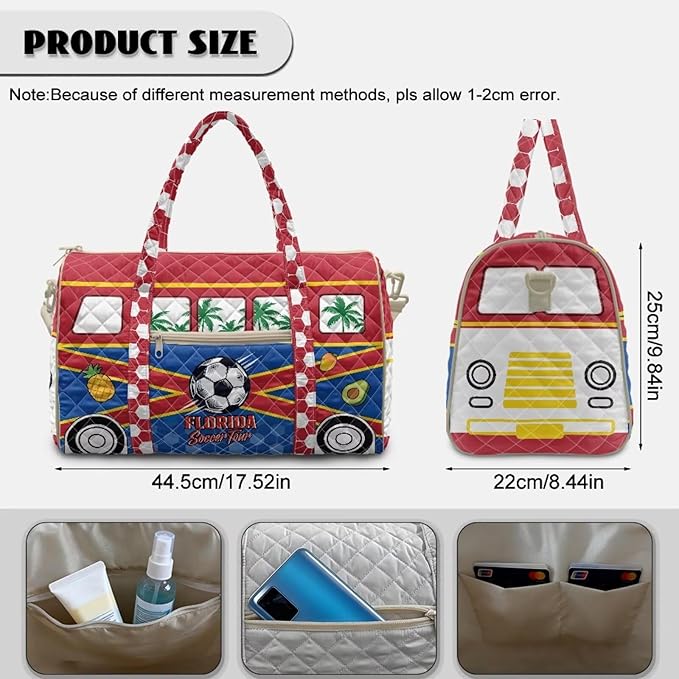 COEQINE Quilted Travel Bags for Men Large Quilted Tote Bag Large Floral Travel Bag Gym Bag Carry On Duffel Handbags,Florida Van Car on Red Blue
