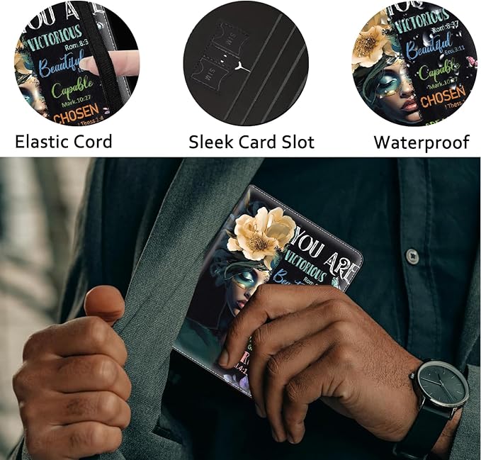 Passport Holder Women Wallet with Luggage Tag, Leather Passport Cover with RFID Blocking, Travel Accessories Multi Card Slot Passport Case for Men，African Girl Inspirational Quotes Flowers