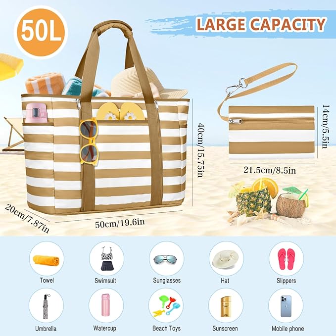 Extra Large Beach Bags for Women, Waterproof Sandproof Beach Tote Bag Foldable Swim Pool Bag with Zipper and Wet Pocket