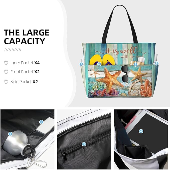 Beach Bag Tote Bags Waterproof Sandproof for Women Large Beach Tote Bag Foldable with Pockets for Weekend Vacation