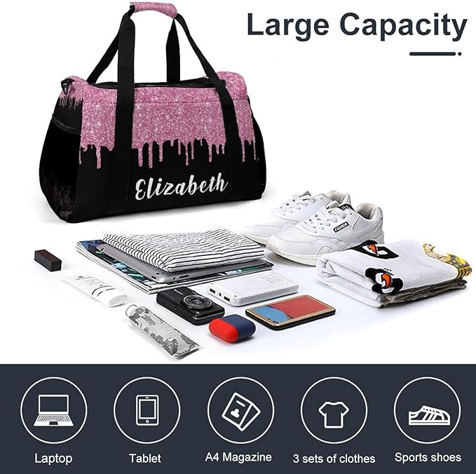 Pink Black Sparkle Glitter Print Waterproof Duffel Bag Gym Dance Sport Perform Training Bag for Teens Adults Women Men Handheld Crossbody Travel Bag