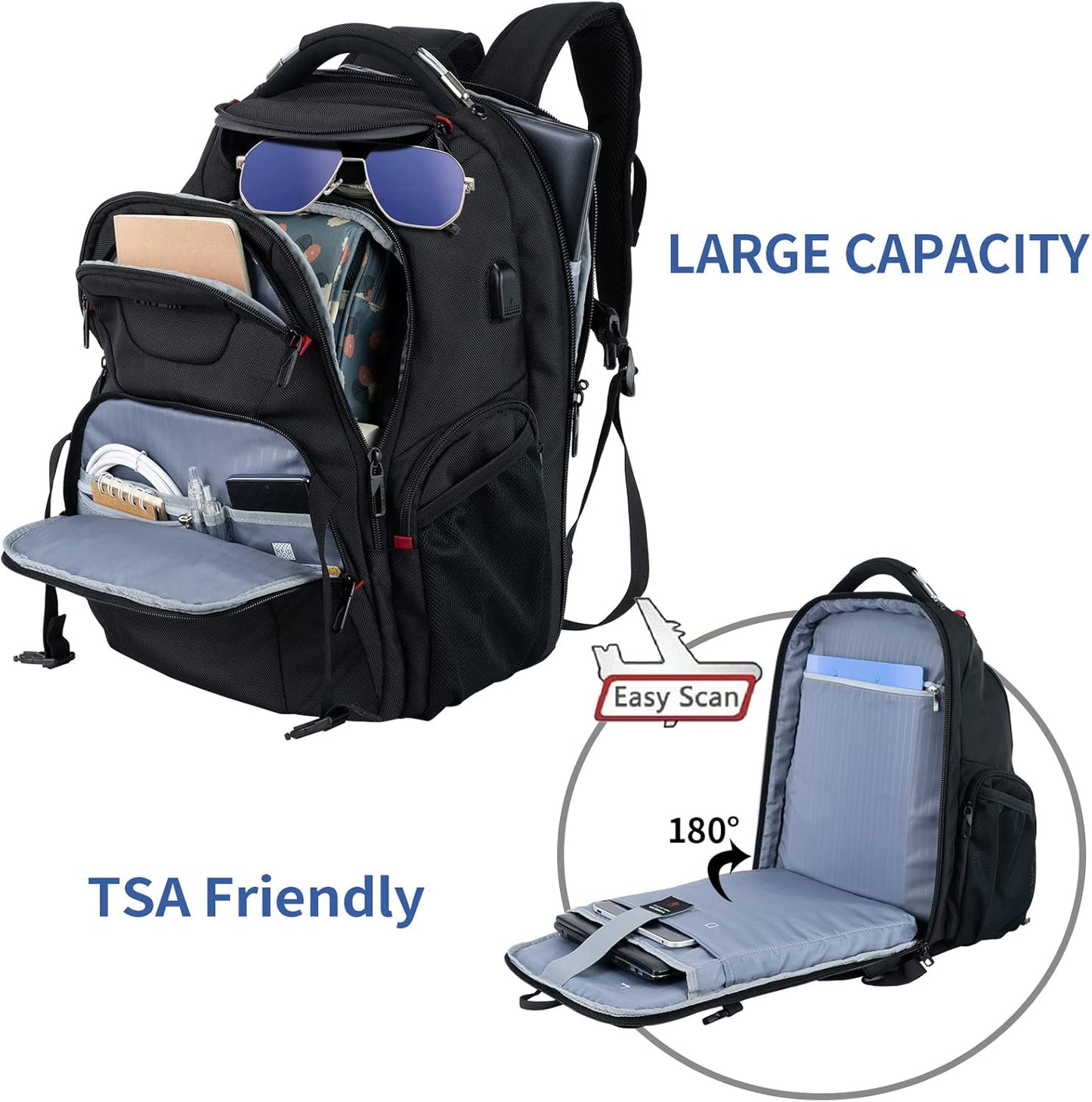 VANKEAN 17.3'' Travel Laptop Backpack TSA Friendly, Water Resistant Anti Theft Extra Large College Backpacks with RFID Pockets, USB Port for Men Women Business Work Bag, Black