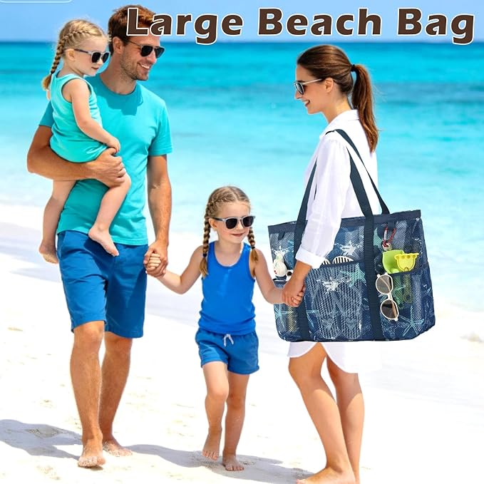 Mesh Beach Bag with Zipper, Large Beach Tote for Women, Toys Pool Swim Bag Travel Vacation Cruise Essentials