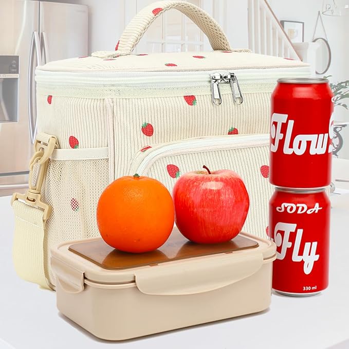 FlowFly Insulated Reusable Lunch Bag Adult Large Lunch Box for Women and Men with Adjustable Shoulder Strap,Front Zipper Pocket and Dual Large Mesh Side Pockets, Corduroy Strawberries Beige