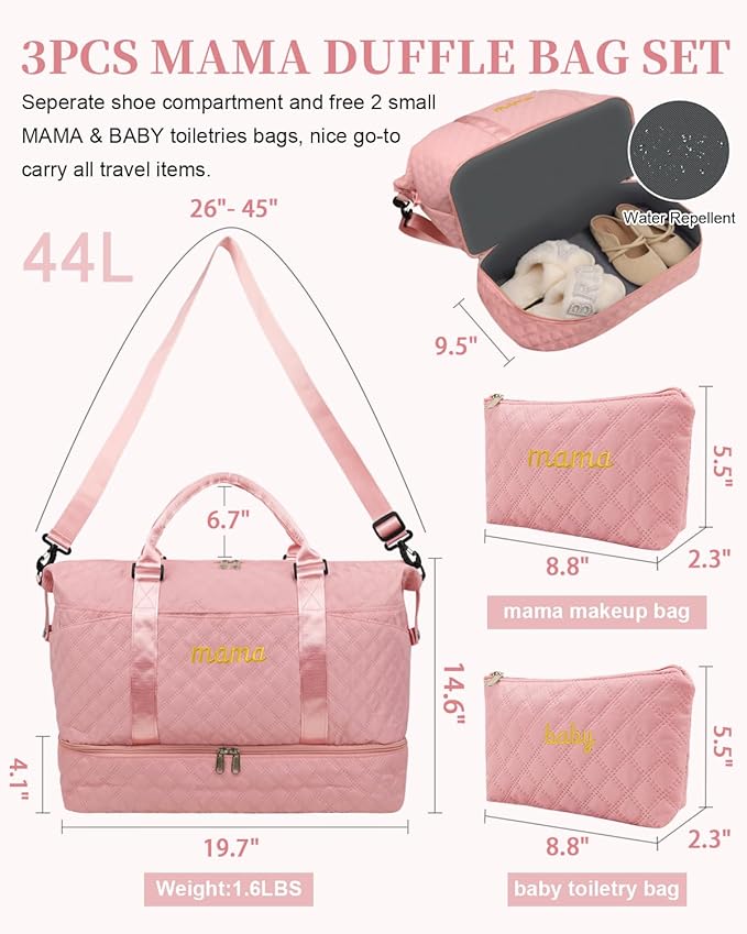 Mama Baby Pregnancy Hospital Bag Essentials for Women Labor Delivery Diaper Organizer with Shoe Compartment,2 Waterproof Toiletry Pouch Travel Duffle Bag for Mommy Weekender Overnight Gym Gifts,Pink