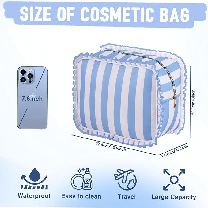 Stripe Ruffle Makeup Bag,Large Travel Cute Cosmetic Bag for Women Girls,Toiletry Bag Make up Organizer 10.8 x 4.5 x 8 inch (Blue Stripe)