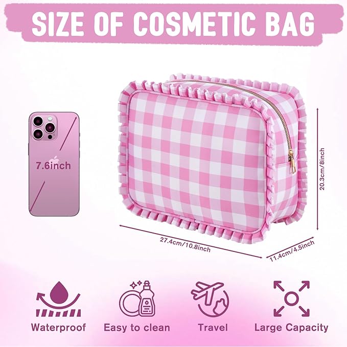 Gingham Ruffle Makeup Bag,Large Travel Cute Cosmetic Bag for Women Girls,Toiletry Bag Make up Organizer 10.8 x 4.5 x 8 inch (Pink Gingham)