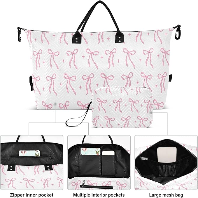 Travel Duffle Bag, Beautiful Light Red Bows Gym Bag with Storage Bag Weekender Overnight Bag for Men Women Trip Sports Yoga