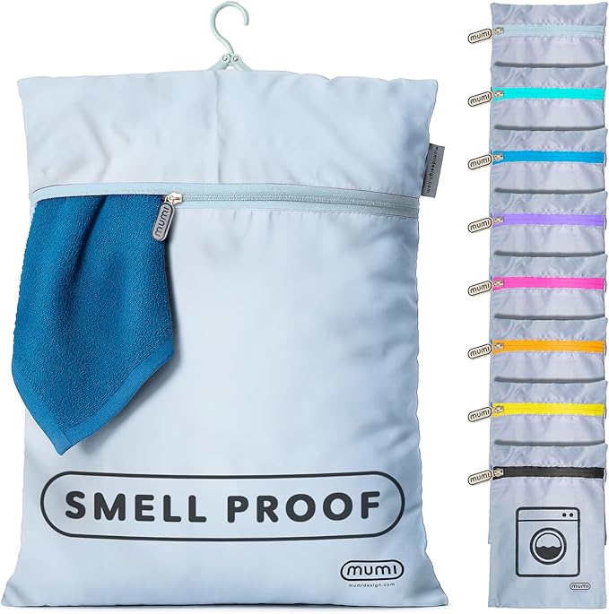 MUMI Travel Laundry Bag – Moisture & Smell-Proof Clothes Bag with Folding Hanger & Outer Pouch | Large Laundry Storage Bag for Suitcase, Gym & Packing | Dirty Clothes Organizer (Grey)