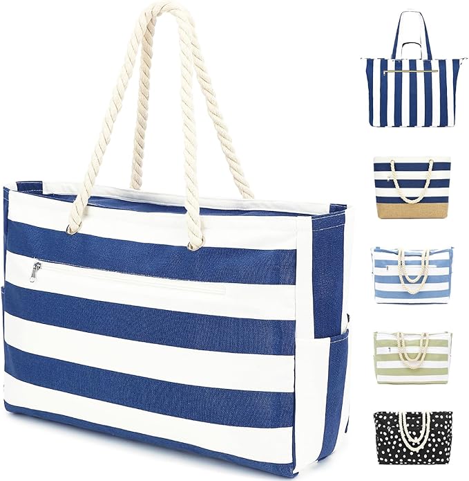 Large Canvas Beach Bag for Women, Beach Bags Waterproof Sandproof with Zipper & Wet Bag Cruise Essentials