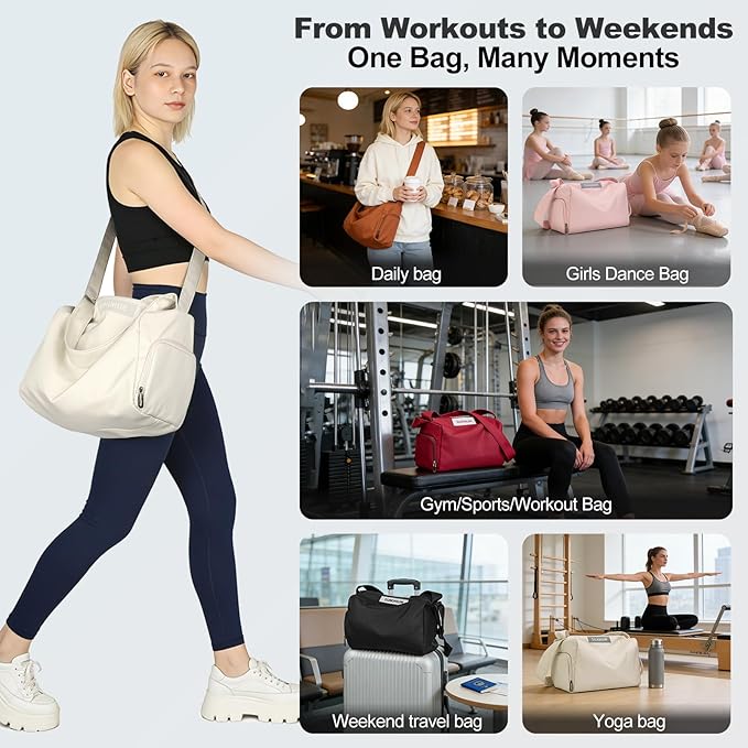 Women's Mini Gym Bag Crossbody, Everyday Sling Duffel with Shoe Compartment & Wet Pocket, Water-Resistant Travel Bag, Cream