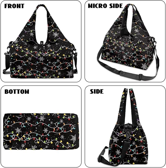 Christmas Lights Snowflake Women's Fashion Gym Bag with Shoe Compartment Travel Duffel Bags for Beach Swim Personal Item Bags Men Women Overnight Weekender Christmas Bag