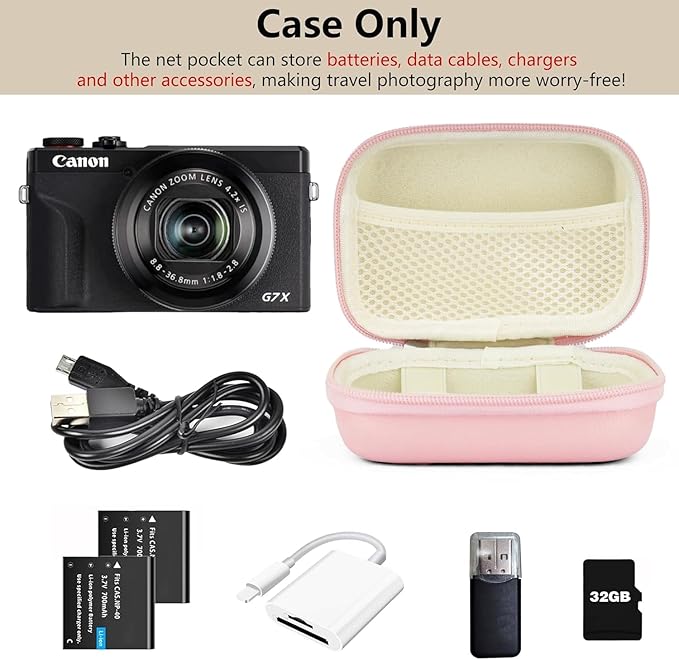 Digital Camera Case Compatible with Canon Powershot G7X Mark II & III/ SX740/ Sony ZV-1/ RX100 VII, Compact Travel Point & Shoot 4K Vlog Cameras Storage Holder with Lanyard (Pink)
