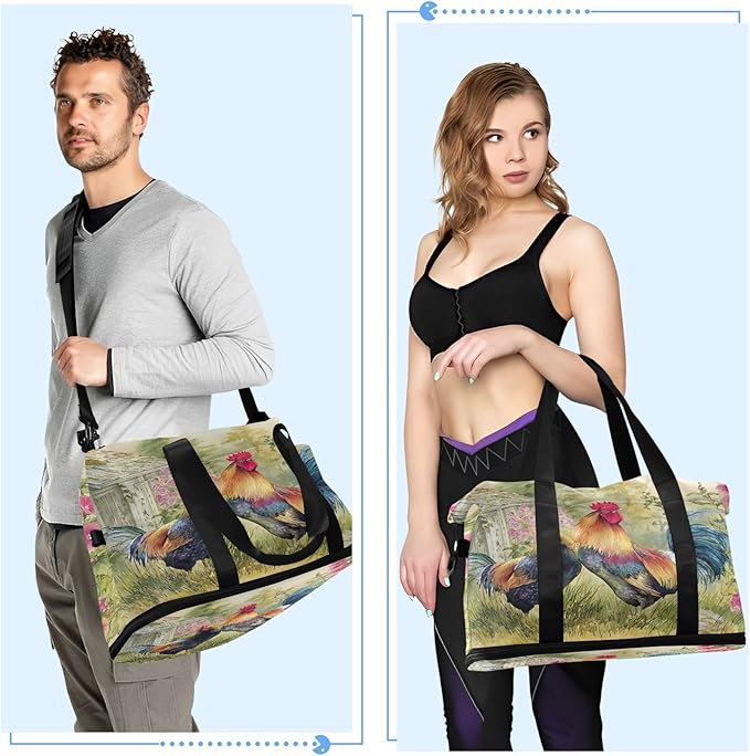Travel Duffel Bags for Women Country Rooster Painting Print Sports Duffel Bags Gym Bags with Shoes Compartment Tote Bag Weekender Bag for Travelling
