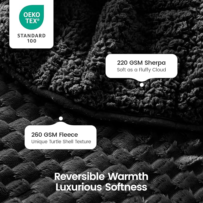 Super Soft Luxury Fleece Sherpa Weighted Blanket 15lbs for Adults, Turtle Shell Fluffy Cozy Warm Queen Size Weighted Throw, Ceramic Beads Washable Heavy Blankets for Couch Bed, Black, 60" x 80"