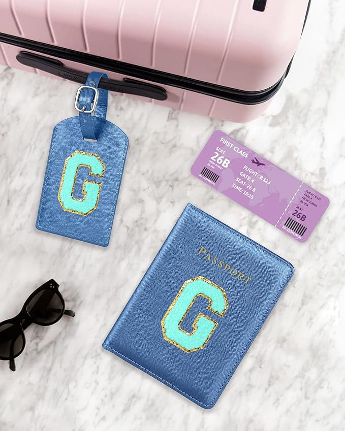 Slohif Passport Holder Initial Lugguage Tag Set Suitcase Cover Wallet Case for Travel Women - Leather Letter Passport Book Personalized Organizer Card Protector Sleeve Essentials Slim Carrier Blue G