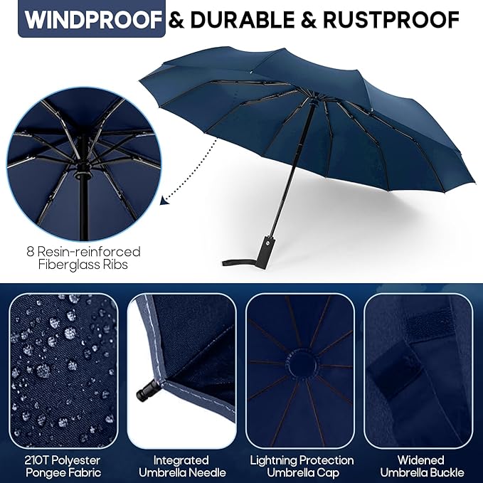 Travel Compact Umbrella, Folding Travel Umbrella for Rain and Shine Small, Windproof Automatic Open/Close, Portable Umbrellas