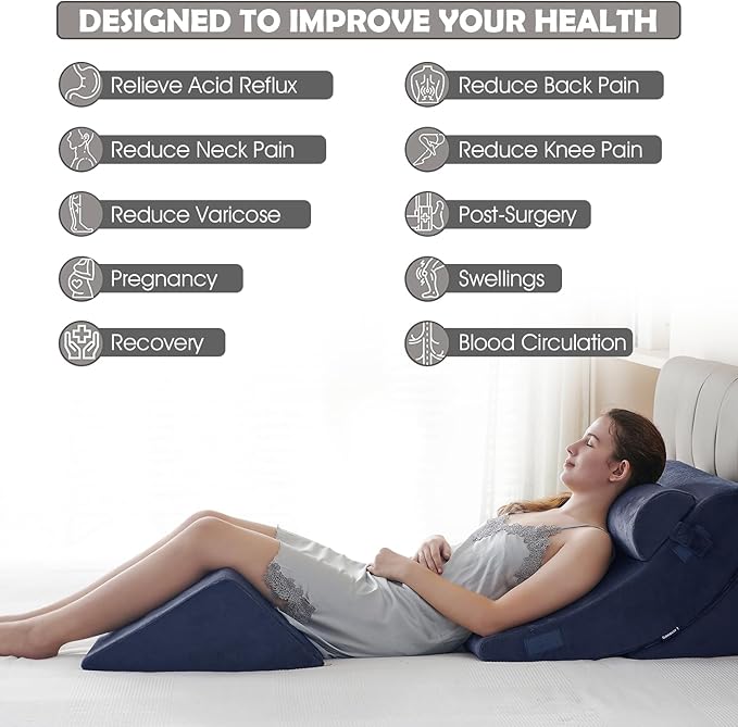 4Pcs Wedge Pillow for Sleeping, Orthopedic Bed Wedge Pillows for After Surgery, Foam Triangle Sit Up Pillow Wedge for Back, Neck, Shoulder Support, Leg Elevation, Acid Reflux, Gerd, Snoring Navy Blue