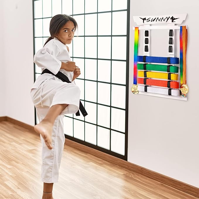Tilhumt 8 Belt Karate Belt Display Rack with Medal Hanger and Stickers, Taekwondo Belt Display Holder, Martial Arts Belt Display Organizer for Adults, No Assembly Required (Bamboo/Acrylic)