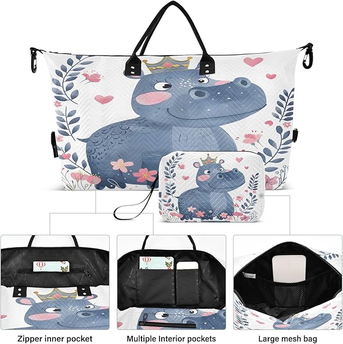 Travel Duffle Bag, Little Princess Hippo A Crown Gym Bag with Storage Bag Weekender Overnight Bag for Men Women Trip Sports Yoga