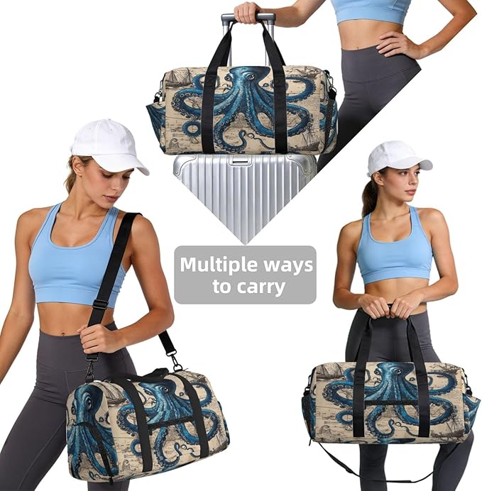 Sports Gym Bag Blue Octopus Vintage Marine Ship Travel Duffel Bag With Shoe Compartment Shoulder Strap, Lightweight Water-Resistant Weekend Overnight Totes For Women Men