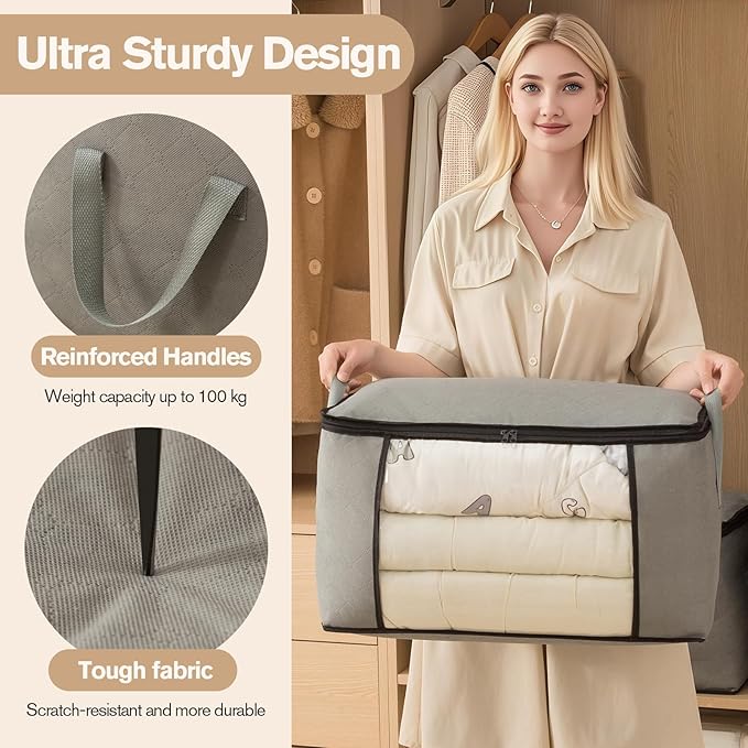Large Storage Bags,Clothes Storage Bins Foldable Closet Organizers Storage Containers with Durable Handles Thick Fabric for Blanket Comforter Clothing Bedding grey, 90L(4Pick)