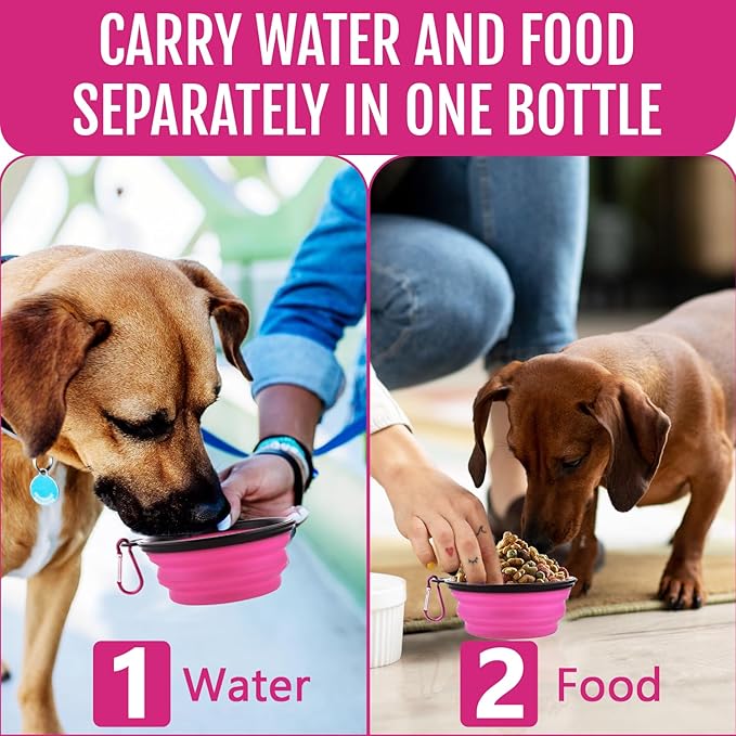 Dog Travel Water Bottle W/Collapsible Bowls - Portable 2 in 1 Leakproof Pet Water Bottle Food Container Ideal for Travel, Outdoor Portable Water Bowls for Walking, Camping & Hiking - (Pink)