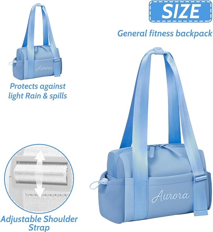 Personalized Mini Gym Bag for Women, Custom Embroidered Name Yoga Tote, Waterproof PU Fitness Duffle with Wet Compartment (blue duffle bag)