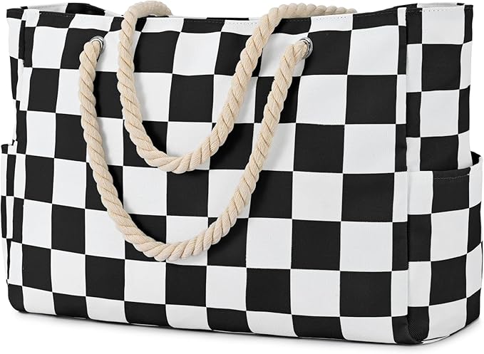 Becokan Beach Bags for Women Checkered Large Beach Tote Bag Zipper Beach Bags Waterproof Sandproof Canvas Swim Pool Bag