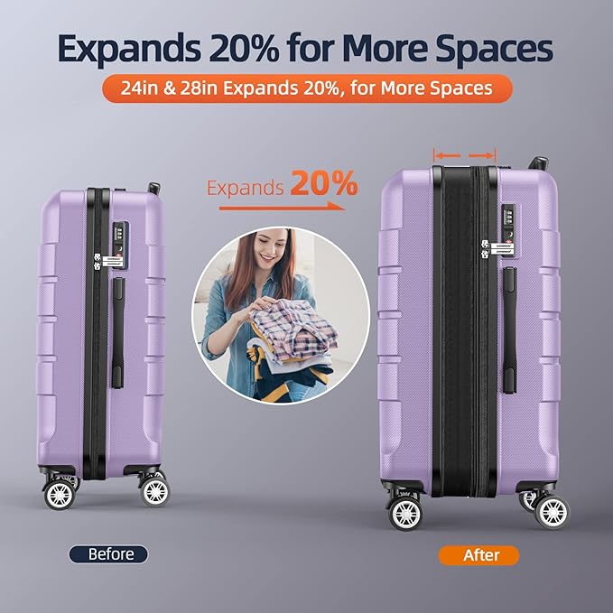 SHOWKOO Full PC Hardshell Luggage Sets, 20/24/28 In Suitcase with TSA Lock & Spinner Wheels, Lightweight Durable Travel Luggage Lavender Purple