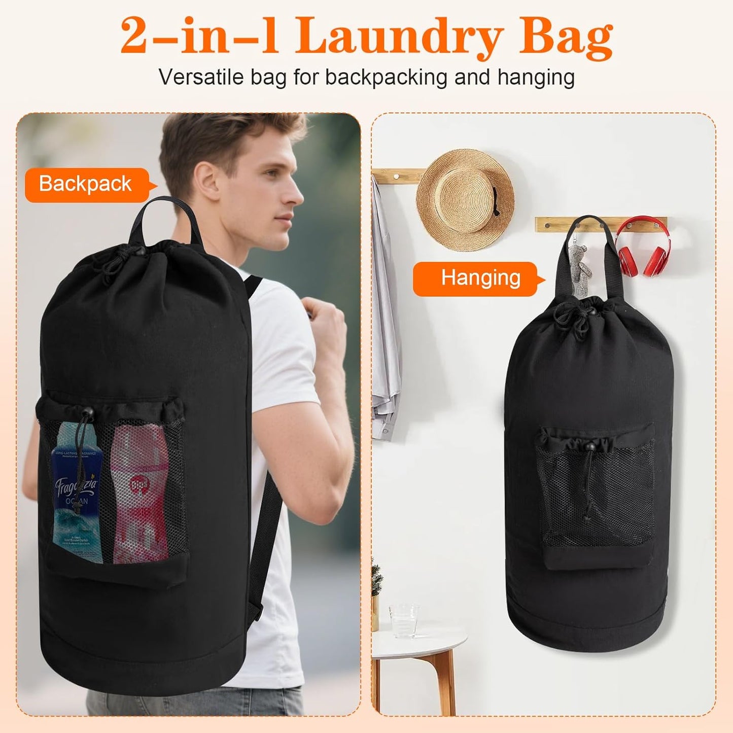 Canvas backpack laundry bag, laundry backpack with shoulder straps and mesh pockets, durable laundry basket bag with drawstring closure, suitable for college, laundromats, and apartments.