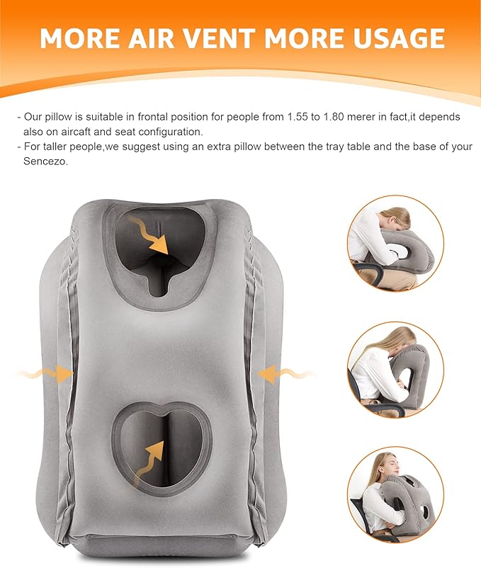 Sunany Travel Pillow, Inflatable Neck Pillow Used for Airplanes/Cars/Buses/Trains/Office Napping with Eye Mask/Earplugs (Gray)
