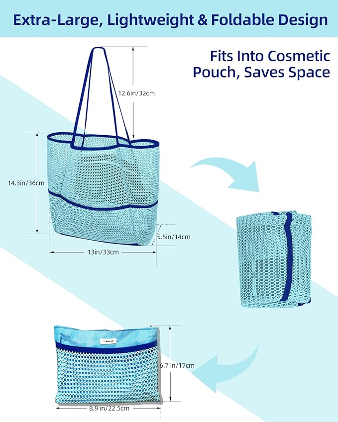Mesh Beach Tote Bag Packable,2026 New 2-in-1 Large Lightweight Foldable Beach Bags with Multiple Pockets for Women